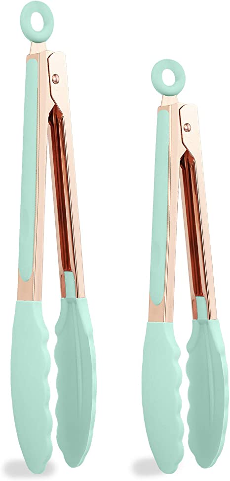COOK WITH COLOR Stainless Steel Silicone Tipped Kitchen Food BBQ and Cooking Tongs Set of Two 9” and 12” for Non Stick Cookware, BPA Fee, Stylish, Sturdy, Locking, Grill Tongs, Rose Gold and Mint