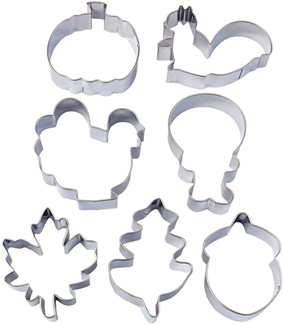 Fall Thanksgiving Cookie Cutters - 7 Piece - Turkey, Pumpkin, Maple Leaf, Turkey Leg, Oak Leaf, Squirrel and Acorn Shapes for Thanksgiving Party Treat, Decoration