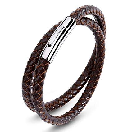 Reizteko Braided Leather Bracelets for Men Women Bangle Bracelets Magnetic Clasp Wristband 7.5-8.5 Inch (G:1 pcs(Brown) 7.5 inches)