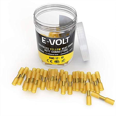 100 PC Yellow Heat Shrink Butt Crimp Connectors: 12 10 Gauge Bulk Waterproof Electrical Terminals - Insulated AWG Automotive, Marine, Audio, and Industrial Grade. Hot Melt Adhesive Butt Splice