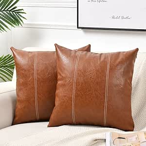 Fancy Homi 2 Packs Hand Stitched Faux Leather Decorative Throw Pillow Covers 20x20 Inch for Living Room Couch Bed, Brown Accent Square Cushion Case 50x50 cm, Rustic Modern Farmhouse Boho Home Decor