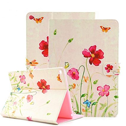 iPad Air 2 Case, iPad Air 2 Cover, Itrendz [Cute Smart Case] PU Leather Flip Case [Magnetic Closure] Stand Smart Cover [Auto Sleep Wake] For Apple iPad Air 2, Summer Flower Butterfly