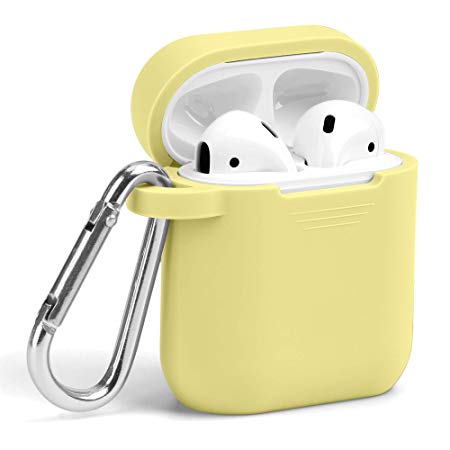 AirPods Case, GMYLE Silicone Protective Shockproof Wireless Charging Airpods Earbuds Case Cover Skin with Keychain Accessory kit Set Compatible for Apple AirPods 1 & 2 2016-2019 – Light Yellow