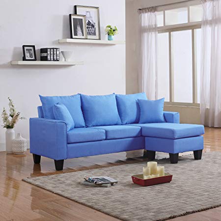 Divano Roma Furniture Modern Linen Fabric Small Space Sectional Sofa with Reversible Chaise (Sky Blue)