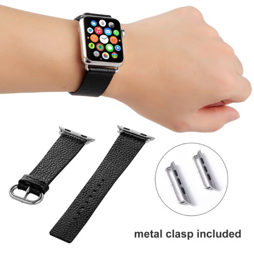 Apple Watch Band, iwatch Band w/ Metal Clasp, PlusinnoTM 38mm 42mm Genuine Leather Apple Watch Strap Wrist Band Replacement Watch Band with Metal Clasp for Apple Watch 42mm Sport Edition (38mm-Black)