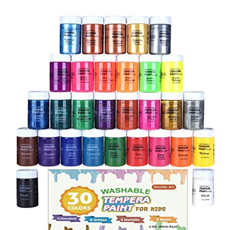 Tempera Paint, Shuttle Art 30 Colors Washable Tempera Paint Set for Kids, 2oz Bottles, Metallic Glitter and Neon Colors and Wide Mouth Bottles Easy for Posters, Arts and Projects