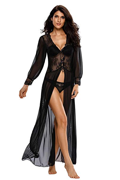 LittleLittleSky Womens Sheer Long Sleeve Lace Robe Gown Long Dress with Thong ((US 2-6)S)