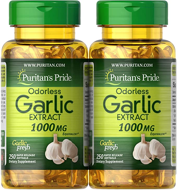 Puritan's Pride Odorless Garlic 1000 Mg, 500 Total Count (2 Pack of 250 Count Softgels), by Puritan's Pride, 500 Count