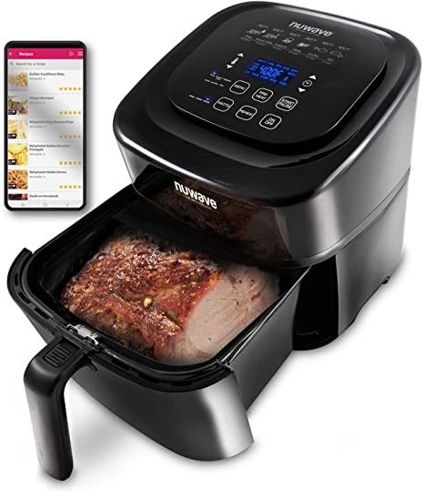 NuWave Brio 6-Quart Air Fryer with App Recipes (Black) includes basket divider, one-touch digital controls, 6 easy presets, wattage control, and advanced functions like SEAR, PREHEAT, DELAY, WARM and more (NEW UPDATED 2020 MODEL)