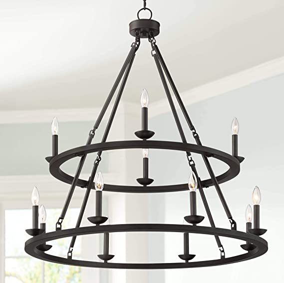 Myland Bronze Wagon Wheel Large Chandelier 36" Wide Farmhouse 2-Tier 12-Light Fixture for Dining Room House Foyer Kitchen Island Entryway Bedroom Living Room - Franklin Iron Works