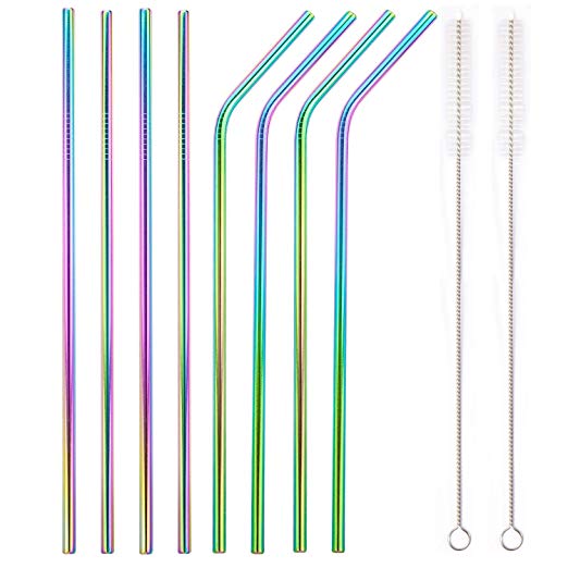 YIHONG Set of 8 Stainless Steel Metal Straws Ultra Long 10.5 Inch Rainbow Reusable Drinking Straws For Tumblers Rumblers Cold Beverage (4 Straight|4 Bent|2 Brushes|1 Pouch)