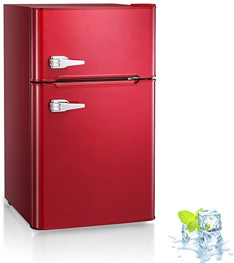 Kismile Double Door 3.2 Cu.ft Compact Refrigerator with Top Door Freezer,Freestanding mini Fridge with Adjustable Temperature,Upright Freezer for Apartment,Home,Office,Dorm or RV (Red)