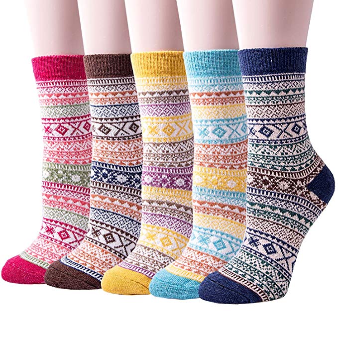 5 Pack Womens Vintage Thick Knit Wool Winter Warm Soft Casual Crew Socks