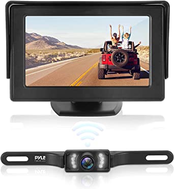 Waterproof Backup Rear View Camera - Wireless Car Parking Rearview Reverse Safety Vehicle Monitor System w/ 4.3” Video Color LCD Display Screen, Distance Scale Lines, Night Vision - Pyle PLCM4585WIR