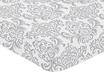 Cotton Fitted Crib Sheet for Elizabeth Baby/Toddler Bedding Collection - Gray and White Damask Print