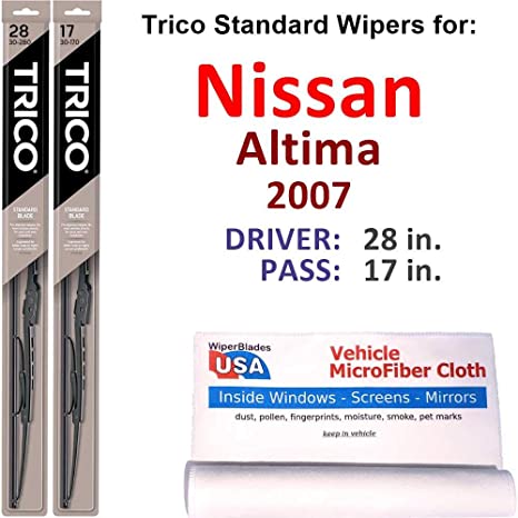 Wiper Blades Set for 2007 Nissan Altima Driver/Pass Trico Steel Wipers Set of 2 Bundled with MicroFiber Interior Car Cloth