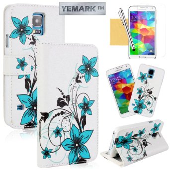YEMARK PU Leather Flip Card Slot Wallet Case with Stylus, Screen Protector and Cleaning Cloth for Samsung Galaxy S5 - Blue Flowers