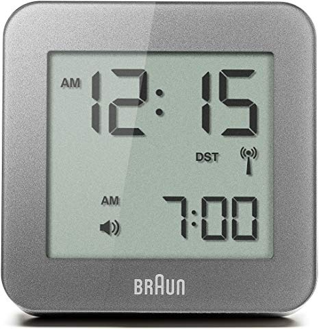 Braun Digital Multi-Region Radio Controlled Clock with Snooze, Positive LCD Display, Quick Set, Beep Alarm in Grey, Model BNC009GY-RC