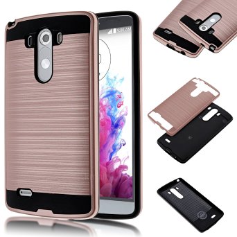 LG G3 D855 D851 Case,Kmall [Brushed Metal Texture] Heavy Duty Shockproof High Impact Resistant Durable Full Body [Maximum Drop Protection][Slim Fit] Hybrid Case Skin Cover Shell for LG G3[Rose Gold]