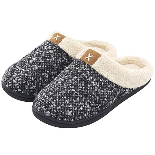 Ladies' Comfort Memory Foam Slippers Wool-Like Plush Fleece Lined House Shoes w/Indoor, Outdoor Anti-Skid Rubber Sole