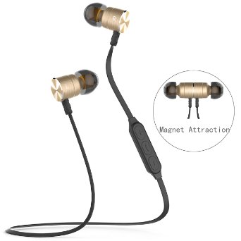 Bluetooth Earbuds,Magnet Attraction V4.0 Wireless Bluetooth Headphones Earphones Headset In-Ear Headphones Earbuds with Microphone & Stereo for Sports (GOLDEN)