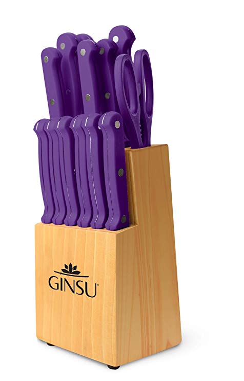 Ginsu KIS-PU-DS-014-2 Kiso Dishwasher Safe Purple 14 Piece Set Natural Block, 9" W x 15" H x 5" D