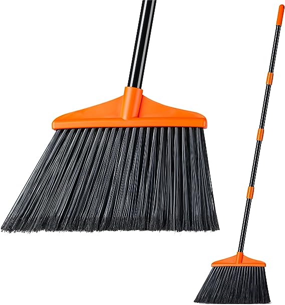 Lifewit Outdoor/Indoor Broom Heavy Duty, Commercial Broom with 53" Extendable Long Handle, Household Angle Corner Brooms for Patio, Garage, Deck, Lobby, Courtyard Sweeping, Orange