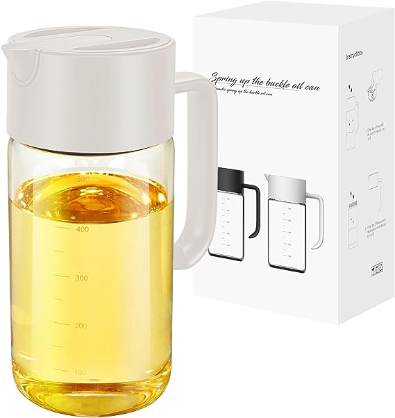 TrendPlain Olive Oil and Vinegar Dispenser Bottle for Kitchen - One Pinch Open & Auto Flip Cap Oil Dispenser with Measurements - Olive Oil Bottle with Non-Drip Spout (500ml/17oz) White