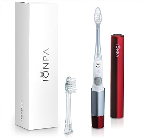 IONIC KISS IONPA DM Red Compact Ionic Power Electric Toothbrush with Travel Cap, Brushing Timer, 2 Modes, 2 Soft Extended Filament Brush Heads, Made in Japan You, Outdoor, Camping, DM-011RD