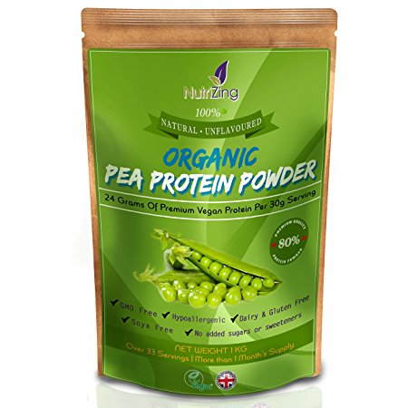 NutriZing’s Natural Organic Pea Protein Powder ~ 80% Essential Protein ~ Peas Sourced From Canada & Processed in the UK ~ Pure & Unflavoured ~ Over 30 servings & 1 month’s supply ~ Best For Vegetarians and Vegans ~ Helps Build Muscle ~ Soy & Gluten Free ~ 1kg pouch ~ Nutrition for Sport & Exercise ~ Mass Gainer