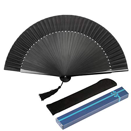 Metable Black Silk Folded Hand Fan Bamboo Handheld Folding Fans With Gift Boxed Oriental Handmade For DIY Wall Decoration Wedding Party Favor Women Man Dancing Show Props