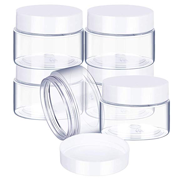 6 Pack Plastic Pot Jars Round Clear Leak Proof Plastic Cosmetic Container Jars with Lid for Travel Storage Make Up, Eye Shadow, Nails, Paint, Jewelry (2 oz, White)