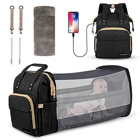 AmyHomie 6 in 1 Diaper Bag Backpack,Baby Diaper Bag with Changing Station USB Port Folding Crib Travel Bassinet,Multipurpose Waterproof Large-Capacity Portable Mommy Bag Tote Backpack