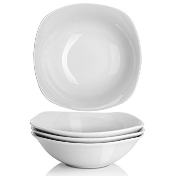 YHY 7-inch/20OZ Porcelain Cereal/Pasta/Salad Bowls, Square White Soup Bowl Set (4 Packs)