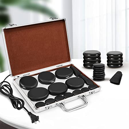 Hot Stones Massage Set, Electric Basalt Hot Stones with Heater Kit, for Professional or Home spa, Relaxing, Healing, Pain Relief (18 Pcs, Silver)