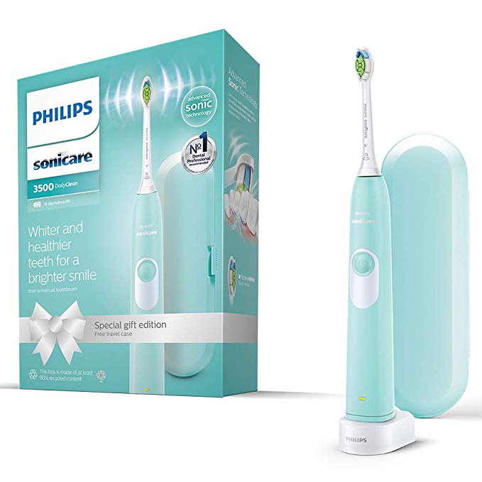 Philips Sonicare DailyClean 3500 Electric Toothbrush, Mint Green, with Travel Case and Optimal White Brush Head (UK 2-Pin Bathroom Plug) – HX6221/59