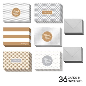 36 Blank Gold Thank You Cards - Bulk 4x6 Cute Cards with Envelopes for Men & Women