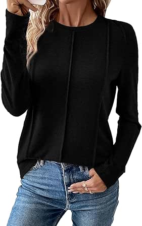 EVALESS Womens T Shirts Trendy Dressy Casual Long Sleeve Tops Crewneck Pleated Knit Solid Loose Blouses Outfits