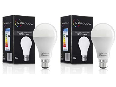 AURAGLOW Super Bright 15w LED B22 Bayonet Light Bulb, Cool White, 6500K -1521 Lumens - 100w EQV - TWIN PACK