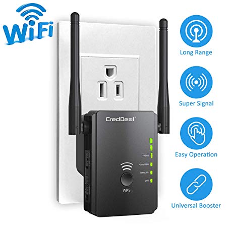 WiFi Range Extender-N300 Wireless Booster with High Gain Dual Antennas-2.4GHz Internet Signal Repeater with 2 Ethernet Ports for Whole Home Wi-Fi Coverage Compatible with Alexa Device (300Mbps)