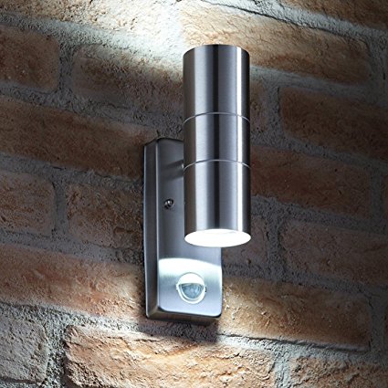 Auraglow PIR Motion Sensor Stainless Steel Up & Down Outdoor Wall Security Light - Cool White