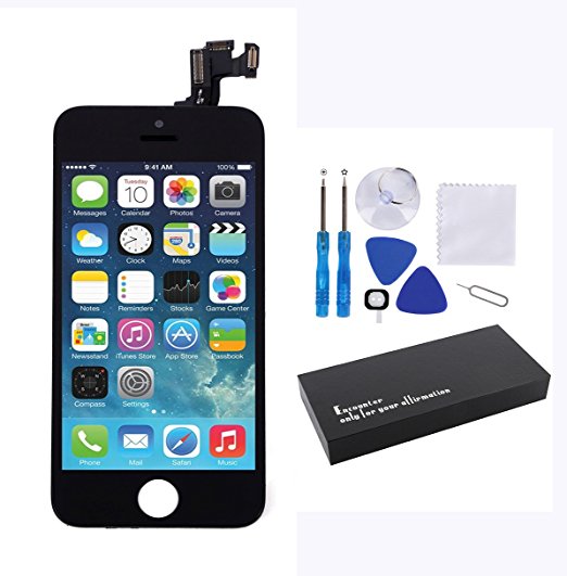 Glob-Tech iPhone 5S LCD Display Screen Replacement Touch Digitizer Full Assembly for iPhone 5S with Preassembled Components (Facing Proximity Sensor, Ear Piece, Front Camera) and Repair Tools, Black