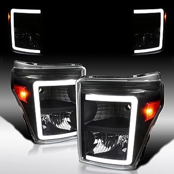 Autozensation Compatible with 2011-2016 Ford F250 F350 F450 F550 Super Duty Black Headlights with Dynamic LED Strip Pair Headlamps Assembly