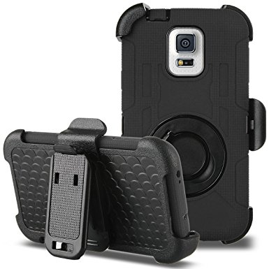 Galaxy S5 Case, ULAK Hybrid Rugged triple Layer Protection Holster Case for Samsung Galaxy S5 with Built-in Rotating Stand and Belt Swivel Clip - Black