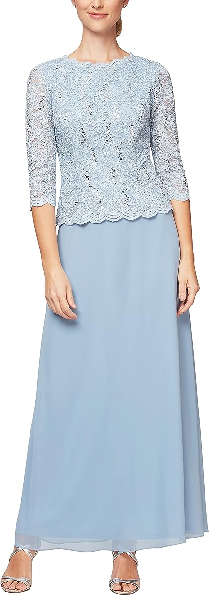 Alex Evenings Women's 3/4 Sleeve Stretch Lace Bodice Mock One Piece Gown