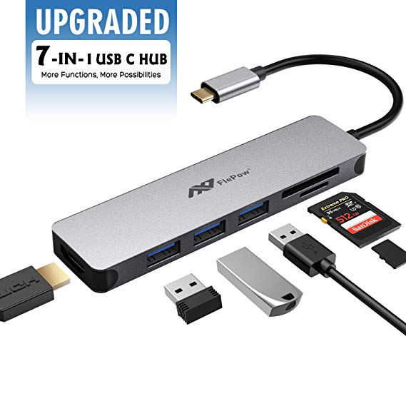 USB C Hub Multiport Adapter - 7 in 1 Portable Space Aluminum Dongle with 4K HDMI Output, 3 USB 3.0 Ports, SD/Micro SD Card Reader Compatible for MacBook Pro, XPS More Type C Devices, 2 Year Warranty