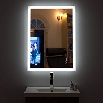 HAUSCHEN 32x24 inch LED Lighted Bathroom Wall Mounted Mirror with High Lumen CRI&gt;90 Adjustable Warm White/Daylight Lights Anti Fog Dimmable Memory Touch Button IP44 Waterproof Vertical & Horizontal