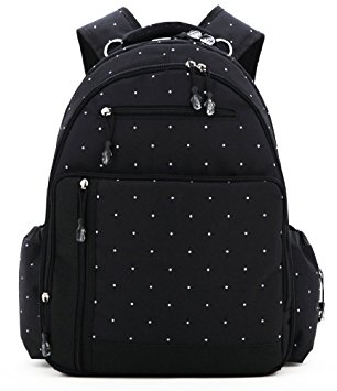 Baby Travel Backpack Diaper Bag with Insulated Zippered Bottle Bag 3 Pieces Set (Black Dot)