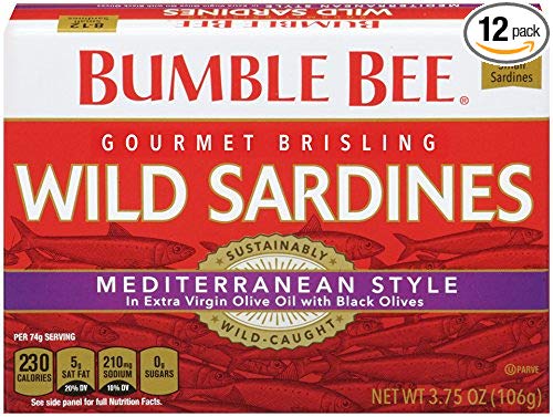 BUMBLE BEE Mediterranean Style Wild Sardines in Extra Virgin Olive Oil, 3.75 Ounce Can (Pack of 12), High Protein Food, Keto Food and Snacks, Gluten Free Food, High Protein Snacks, Canned Food