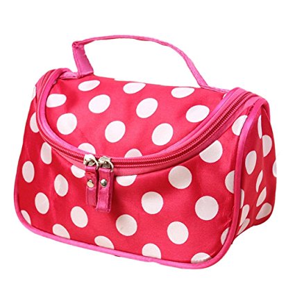 Cosmetic Bag, Misaky Polka Dot Flip Double Zipper Toiletry Kits (Hot Pink)